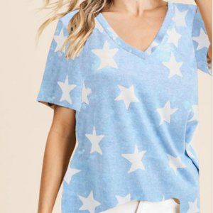 Blue Star Vintage Print V-Neck Top